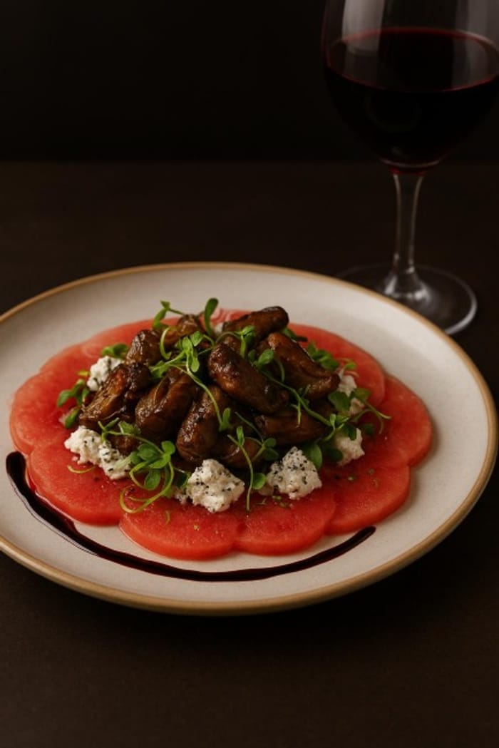 Carpaccio de sandía con orellanas salteadas y queso fresco, servido con una copa de vino tinto